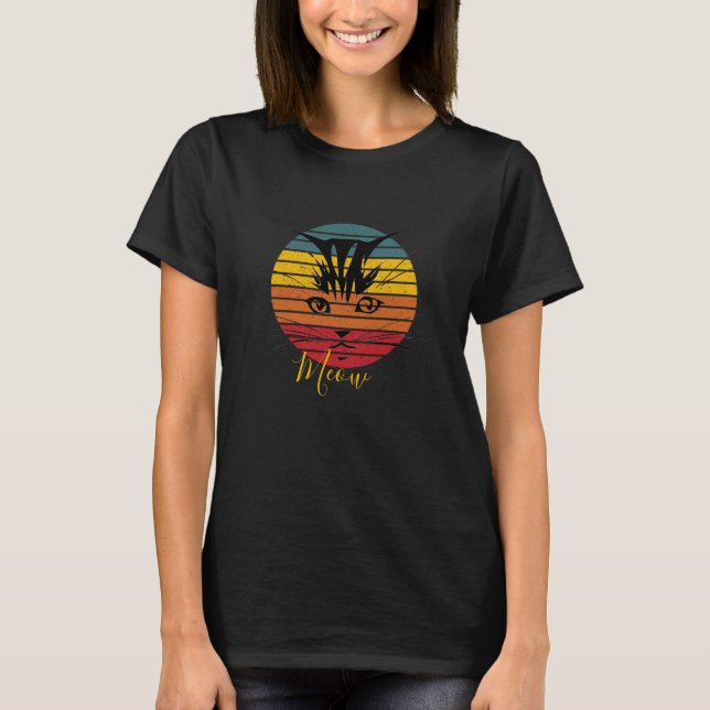 Camiseta do pôr do sol retrô e gato (Frente)