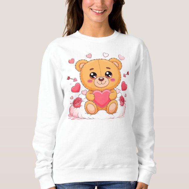 Camiseta do ursinho fofo segurando coração rosa (Frente)
