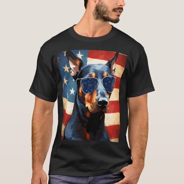 Camiseta Doberman, 4 de julho, bandeira americana (Frente)