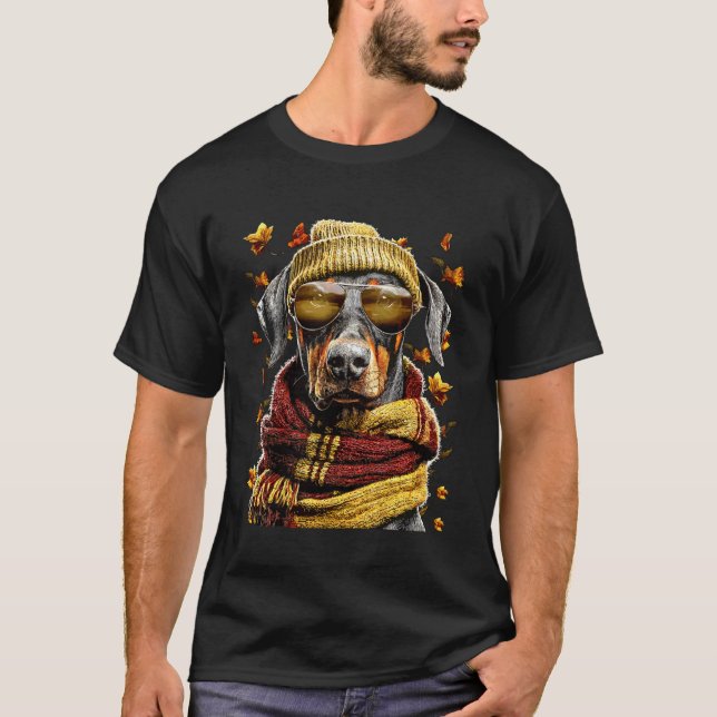 Camiseta Doberman de outono com óculos de sol Folhas de out (Frente)