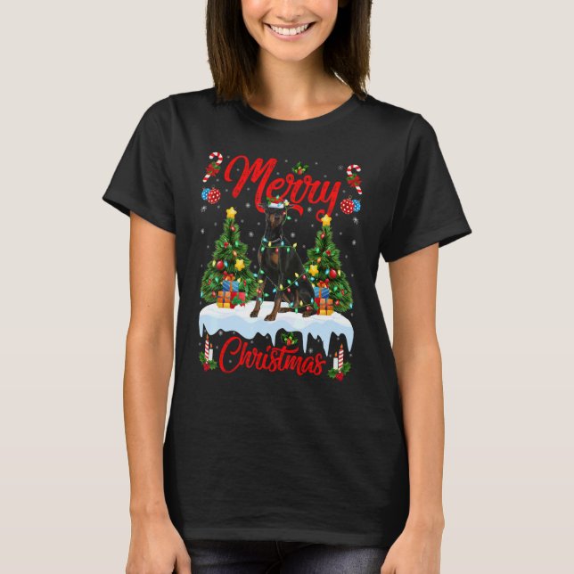 Camiseta Doberman Dog Lights Xmas Tree Papais noeis Doberma (Frente)
