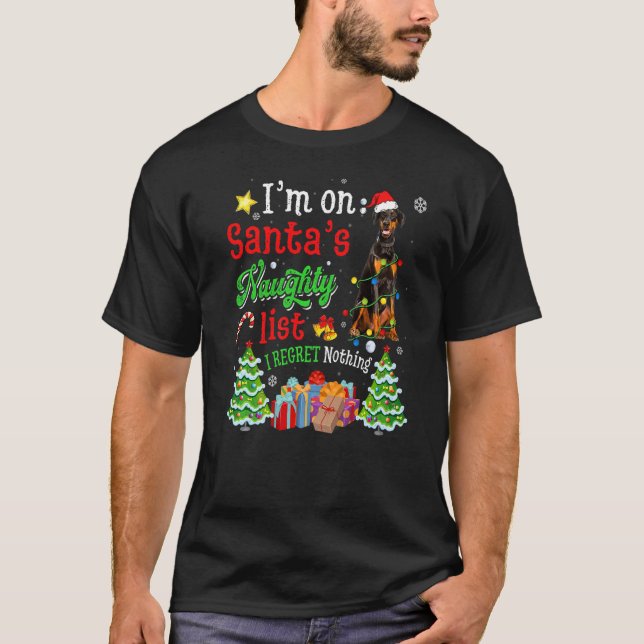 Camiseta Doberman Dog On Papai noel Naughty List Xmas (Frente)