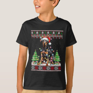 Camiseta Doberman Dog Reindeer Luzes de Natal
