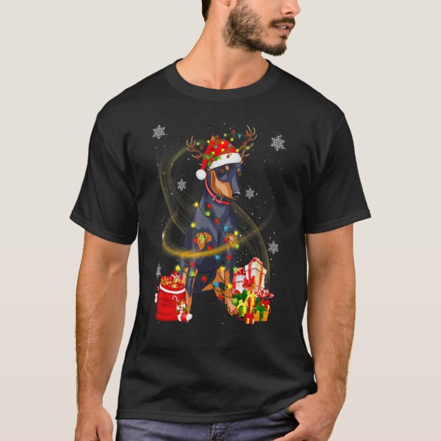 Camiseta Doberman Dog Reindeer Papais noeis Cães de Natal P (Frente)