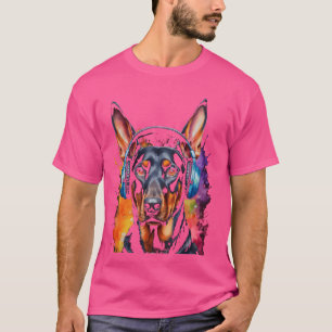 Camiseta Doberman Fones de ouvido Cão Engraçado Impressão d