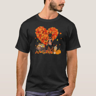 Camiseta Doberman Outono Árvore Folhas Caídas Abóbora Cacho