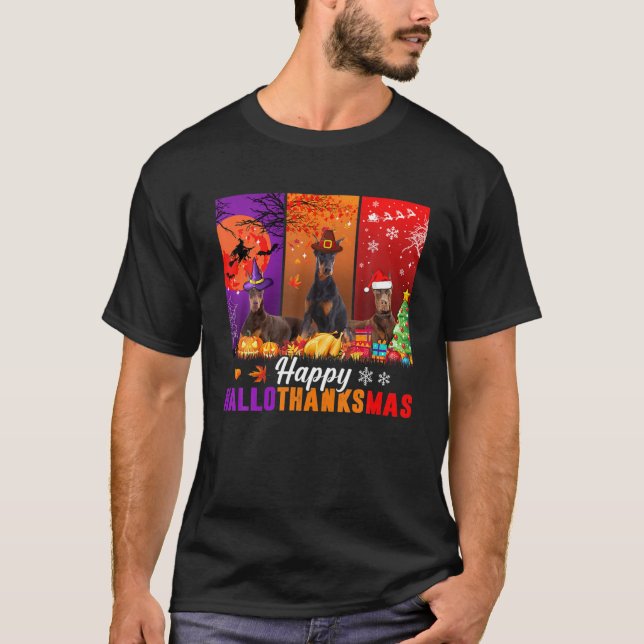 Camiseta Doberman Pinscher Happy Hallothanksmas Halloween X (Frente)