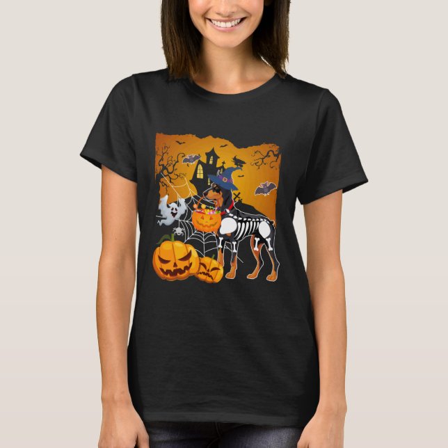 Camiseta Doberman Pinscher Skeleton Halloween Happy Pumpkin (Frente)