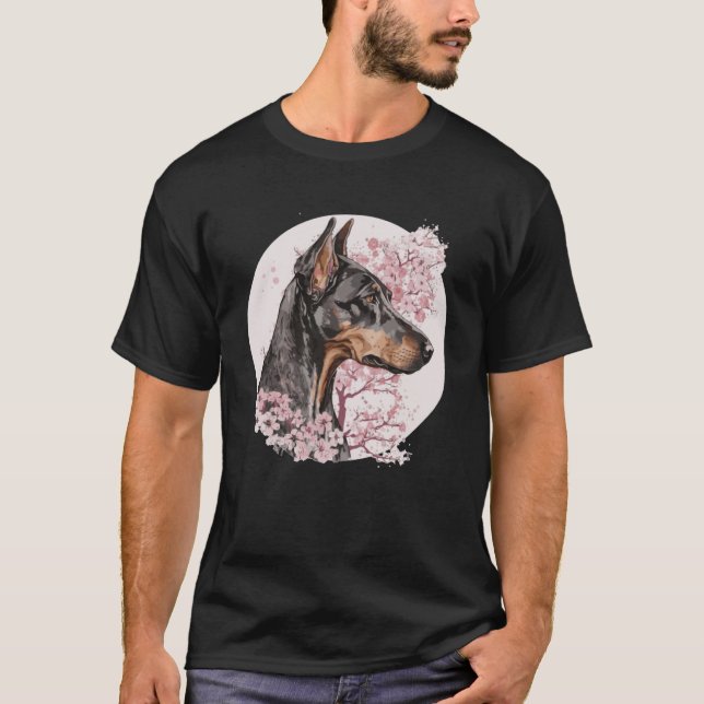 Camiseta Dobermann Cherry Blossom Dog Breed Waterc Japonês (Frente)