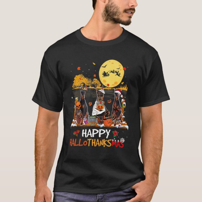 Camiseta Dobermann Happy Hallothanksmas Halloween - Obrigad (Frente)