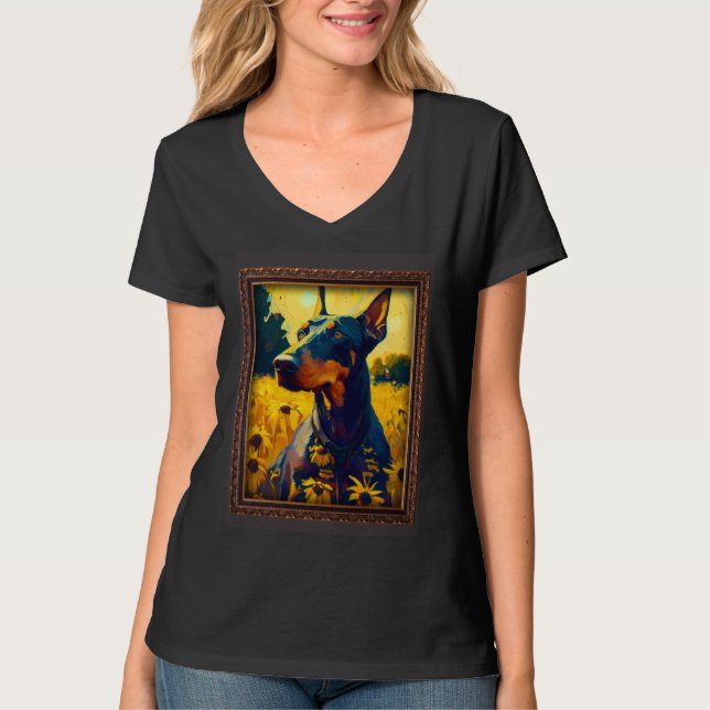 Camiseta Dobermann Painting Sunflower Flower Mom Women Flor (Frente)