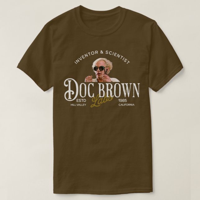 Camiseta Doc Brown Labs Inventor Scientist 1985 (Frente do Design)