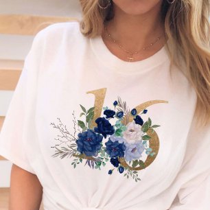Camiseta Doce 16 Floral Dourado Número 16 Rosa Azul