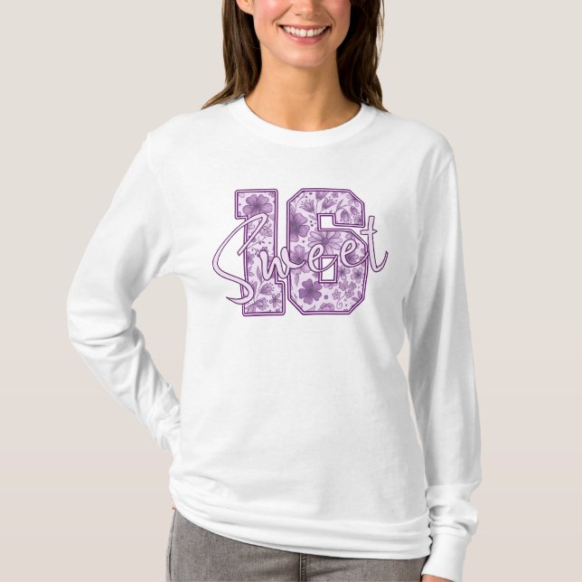 Camiseta Doce 16 Presente de Aniversário Roxo Lavanda Flora (Frente)
