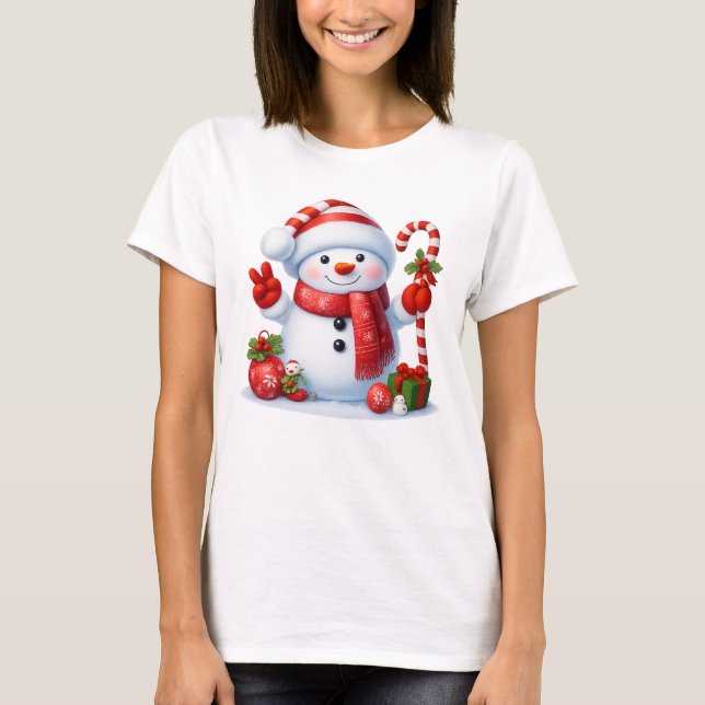 Camiseta Doce Boneco de Neve com Bengala Natalino Feliz Nat (Frente)