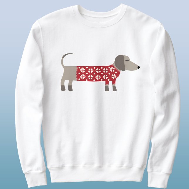 Camiseta Doce de Dachshund Diversão de Natal (Unisex sweatshirt featuring a Dachshund Sausage or Wiener dog in festive red and white knitwear)