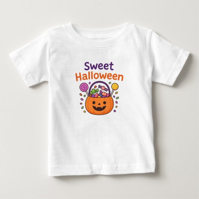 Camiseta Doce Desenho de Balde de Doces de Halloween  (Frente)