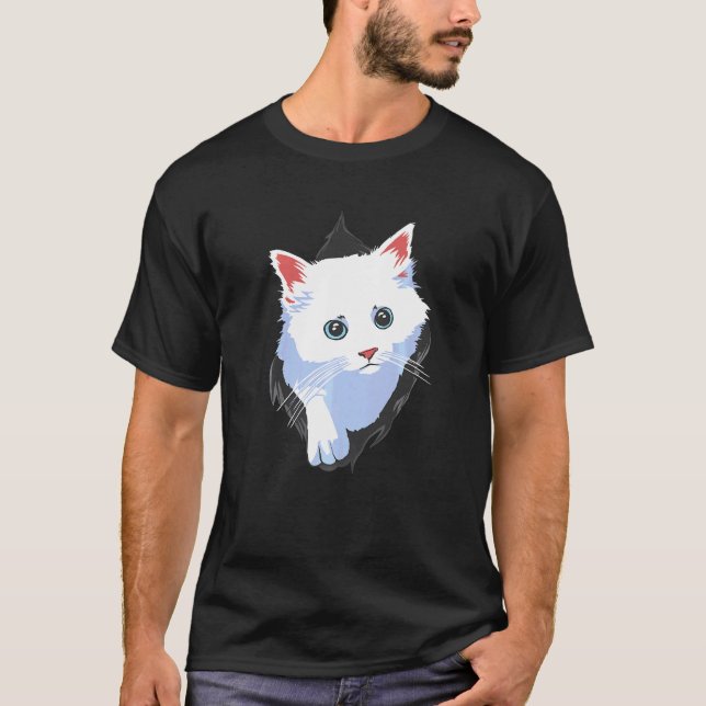 Camiseta Doce Gatinho Roupa de Tecido Rasgado Branco Gato F (Frente)