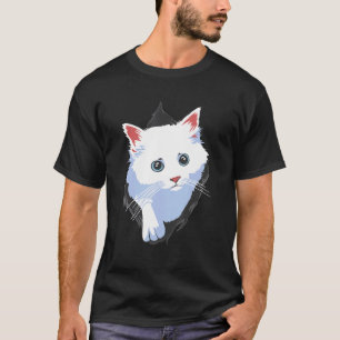 Camiseta Doce Gatinho Roupa Rasgada de Tecido Branco Gato F