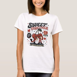 Camiseta Doce Juntos Desenho Cerejas Amor Retro