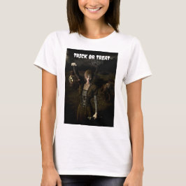 Camiseta Doce ou travessura. Mulher magra carregando lanter