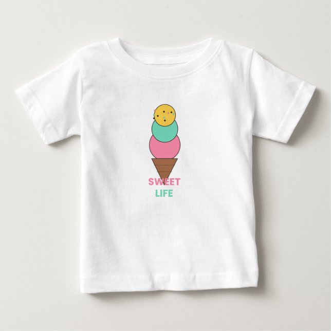 Camiseta Doce Vida - Sorvete de Três Bolas - Kawaii Fofo  (Frente)