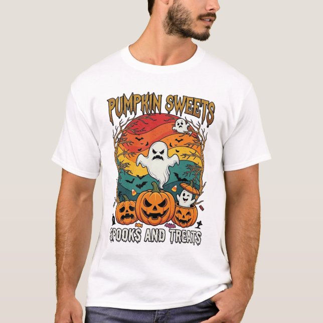 Camiseta Doces de Abóbora Espanta Tratamentos Dia das Bruxa (Frente)