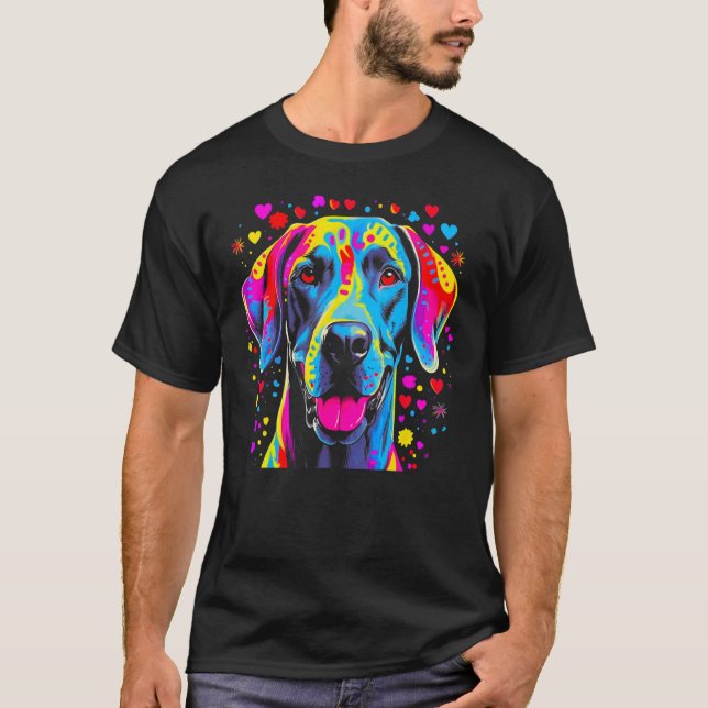 Camiseta Dog Great Dane Pink Blue Red Hearts (Frente)