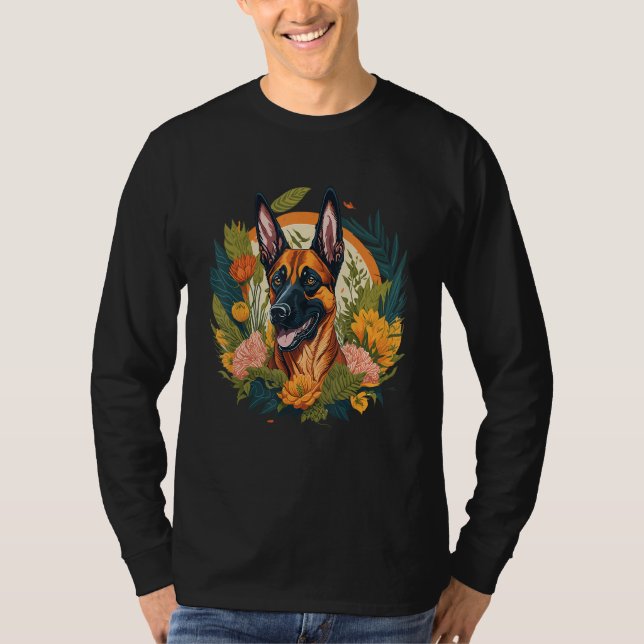 Camiseta Dog Lover Smiling Belgian Malinois Dog Flowers Flo (Frente)