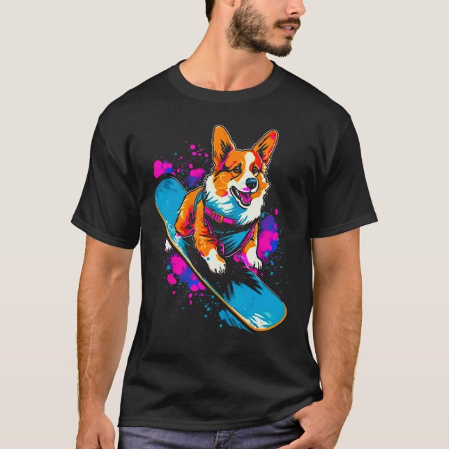 Camiseta Dog Welsh Corgi Snowboarder (Frente)
