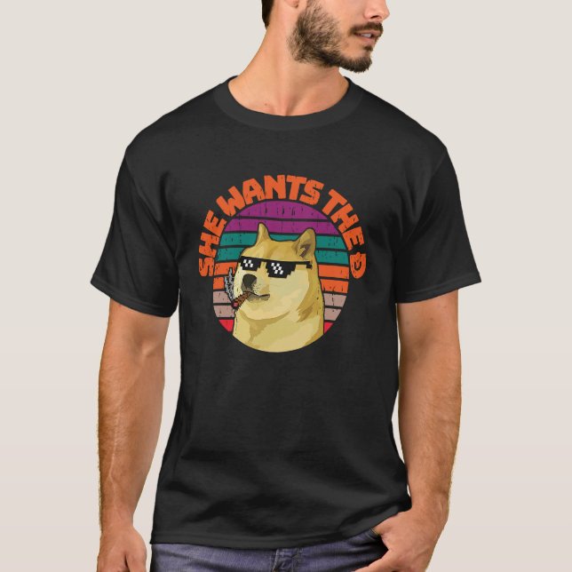 Camiseta Dogecoin meme Doge Ela quer o D para a Lua (Frente)