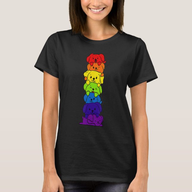 Camiseta Dogs Stack Rainbow LGBT Gay Les Trans Pride Pet (Frente)