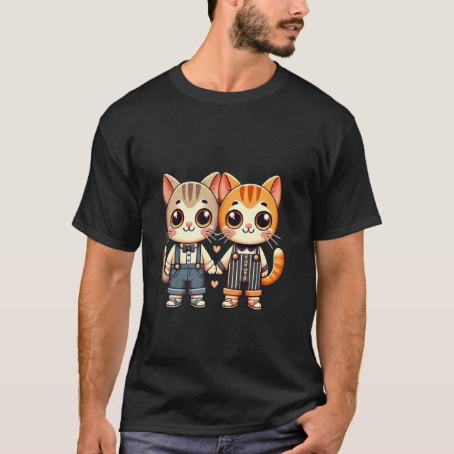 Camiseta Dois Amigos Gatos Fofos de Mãos Dadas (Frente)