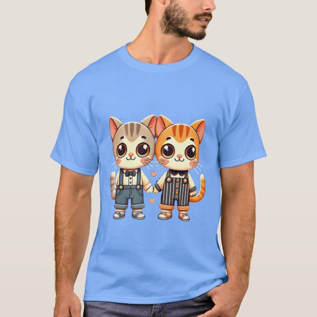 Camiseta Dois amigos gatos fofos de mãos dadas menino (Frente)