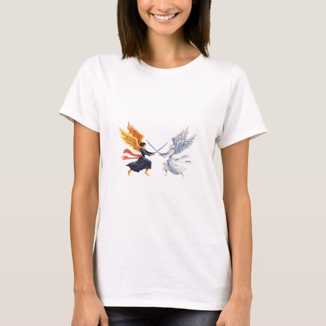 Camiseta Dois anjos com espada grande com asas abertas (Frente)