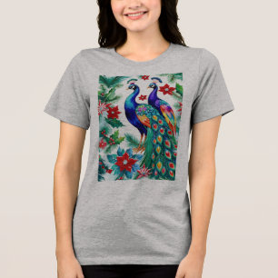 Camiseta Dois Belos Pavões De Natal Com Poinsettias