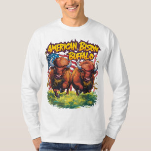 Camiseta Dois Bison Em Pé Antes Da Bandeira Americana