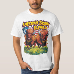 Camiseta Dois Bison Em Pé Antes Da Bandeira Americana