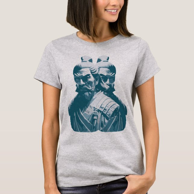 Camiseta Dois Estatuetas de Samurai Japoneses Design (Frente)