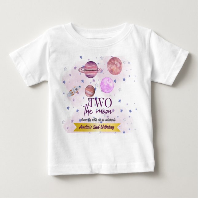 Camiseta Dois Para a Lua 2º Aniversário Menina Lua Estrelas (Frente)