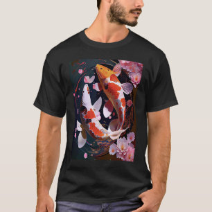 Camiseta Dois Peixes Koi nadando juntos flores pétalas Japa