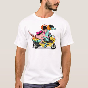 Camiseta Dois Raptores De Cartoon Andando Um Patinete De Mo