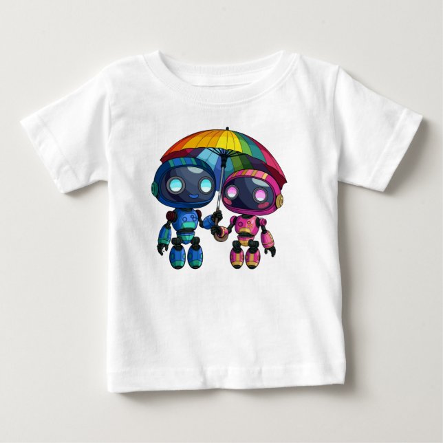Camiseta dois robôs bonitos com um guarda-chuva colorido (Frente)
