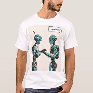 Camiseta Dois robôs virados um para o outro, um escrevendo 