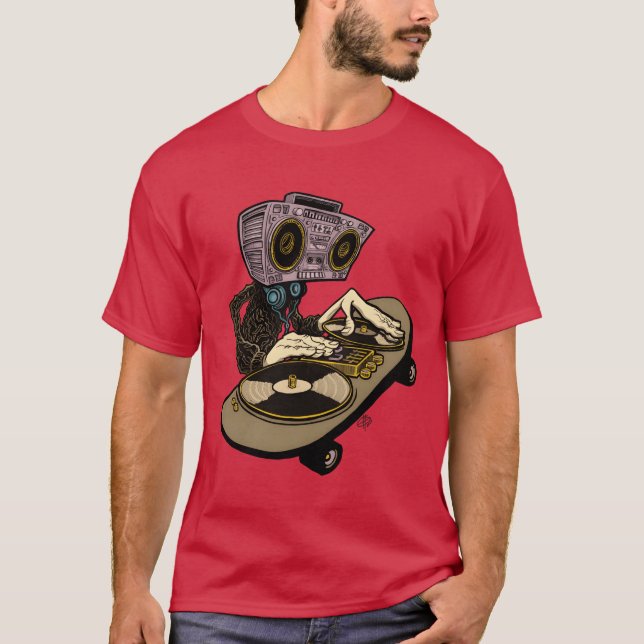 Camiseta dois toca-discos e um skate engraçado (Frente)