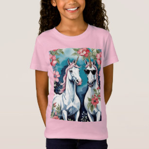 Camiseta Dois Unicórnios Divertidos Com Flores Cor-de-Rosa