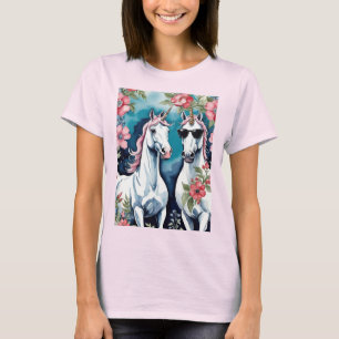 Camiseta Dois Unicórnios Divertidos Com Flores Cor-de-Rosa