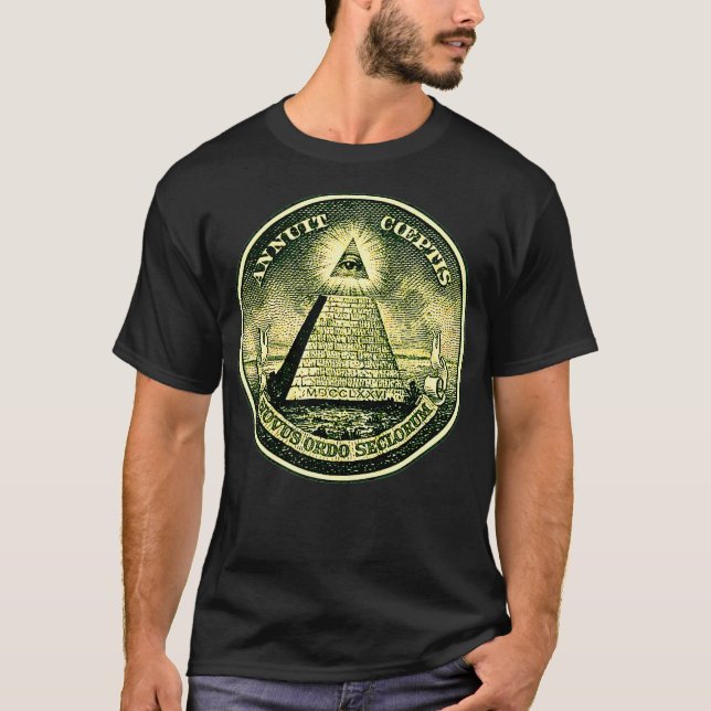 Camiseta Dólar, símbolo ocular, pirâmide masônica triang (Frente)