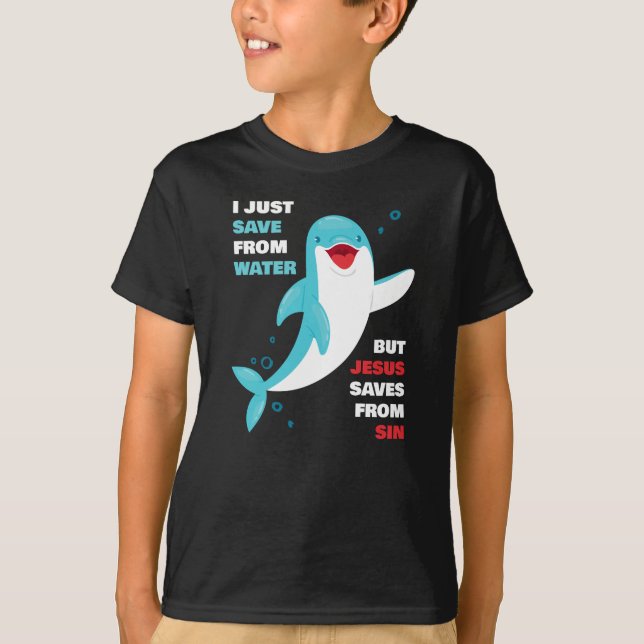 Camiseta Dolphin Faith Kids Jesus salva do cristão-sino (Frente)