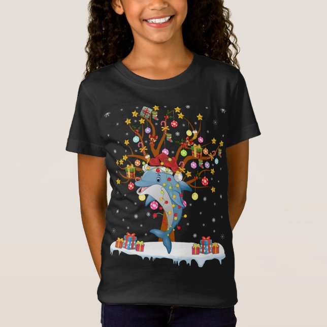 Camiseta Dolphin Lighting Xmas Tree Gift Dolphin no Natal (Frente)